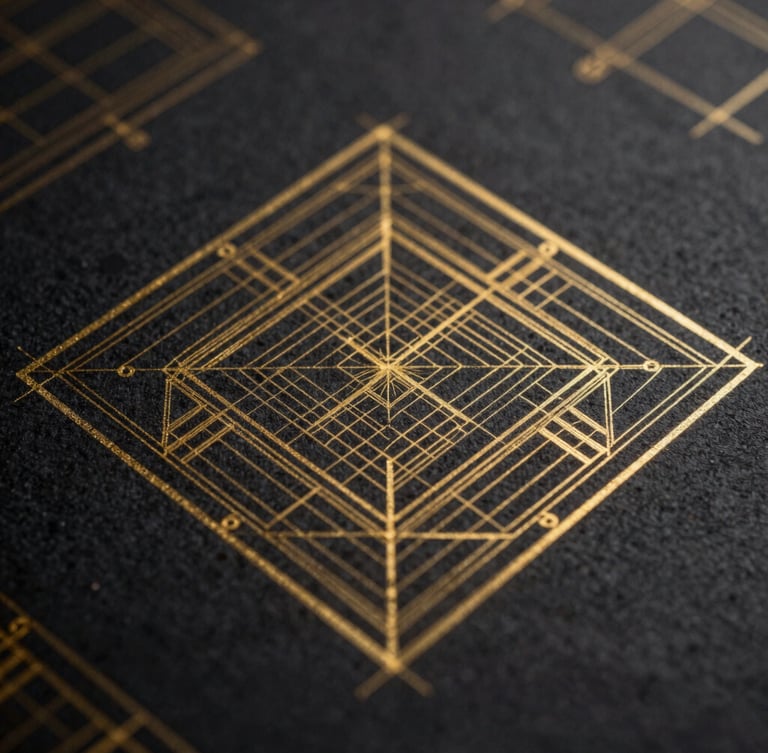 Extreme macro close-up of a technical architectural drawing, gold leaf overlay showing geometric grids, dark charcoal paper, sharp focus.