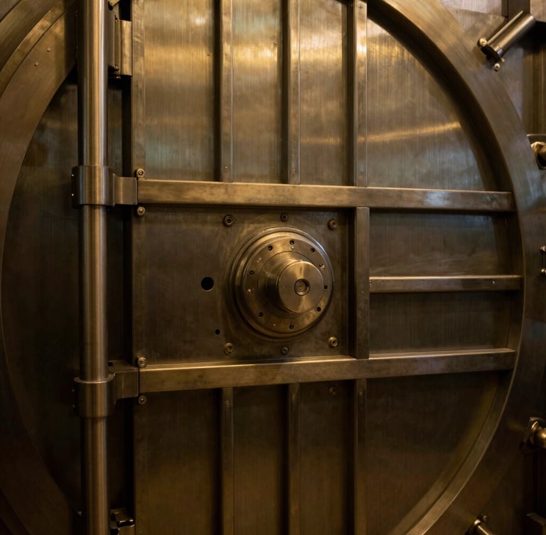Extreme close-up of a high-security vault door made of brushed dark brass, clean geometric lines, dramatic low-key lighting, 35mm