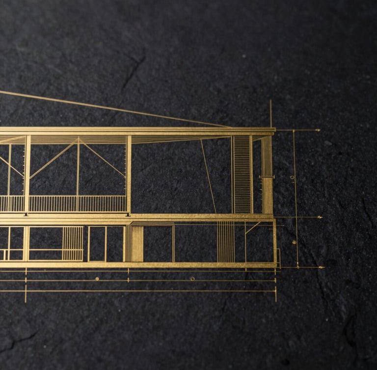 Technical architectural elevation drawing with precise golden geometric lines overlaid, low-key lighting, dark slate background, sharp focus, 35mm