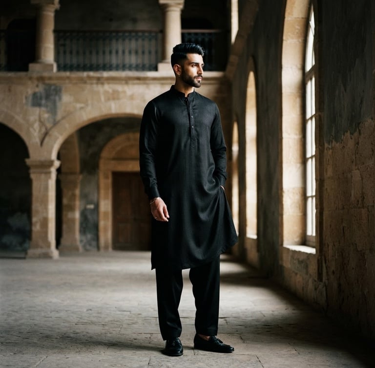 Stylish male model wearing a black shalwar kameez, standing in an architectural space with dramatic side-lighting, full-length editorial pose showing fabric drape, muted charcoal and warm beige tones.
