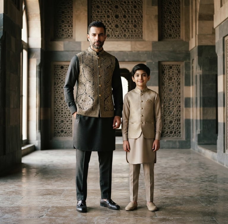 Confident male models, father and son, wearing structured shalwar kameez and gold-accented waistcoats in soft beige and charcoal, standing in an architectural space with natural light, full-length editorial pose, subtle geometric patterns in background.