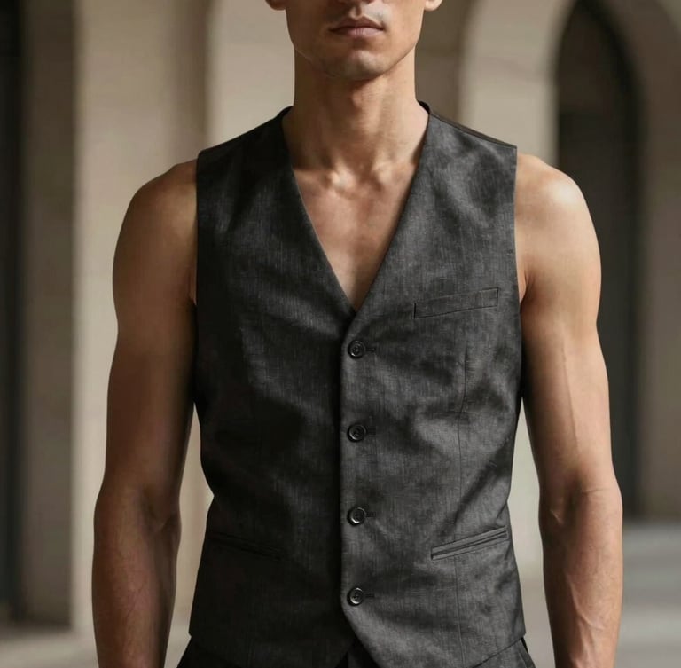 Confidently posed male model wearing a perfectly tailored waistcoat, architectural backdrop, cinematic lighting, close-up on fabric texture and cut, muted tones.