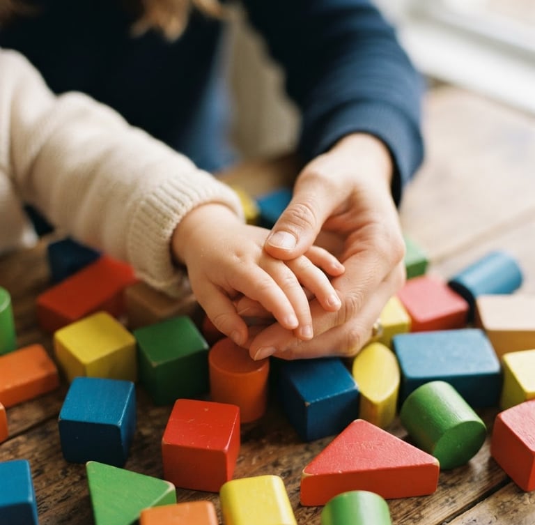 Close-up of a child's hands and an adult's hands gently interlocking over colorful wooden blocks, bright natural daylight, soft focus, authentic emotional connection.