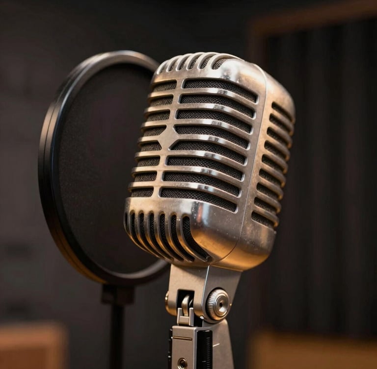 Anamorphic close-up of a high-end vintage microphone in a moody vocal booth, soft gold rim lighting, dark background