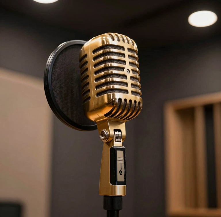 Low-angle cinematic shot of a vintage gold-accented microphone in a custom-lit vocal booth, warm rim lighting, dark background
