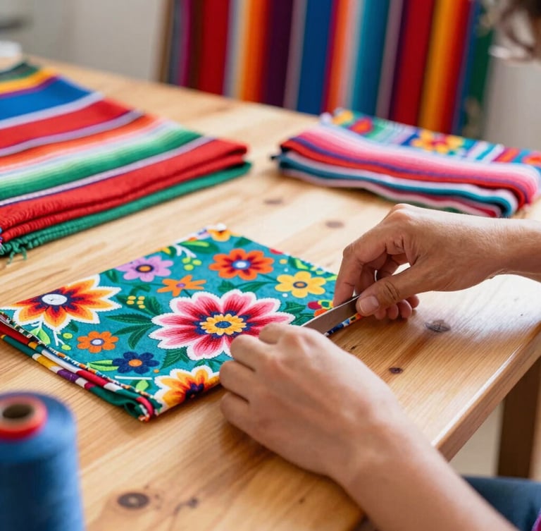 Close-up of hands carefully cutting colorful floral fabric on a clean wooden table in a brightly lit sewing workshop, vibrant Mexican textiles visible in the background.