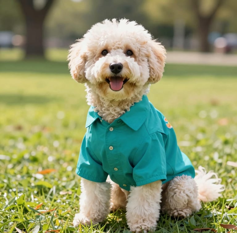 A cheerful fluffy dog wearing a vibrant custom-fit teal Mexican shirt, sitting happily in a sunny park, bright natural daylight, eye-level portrait