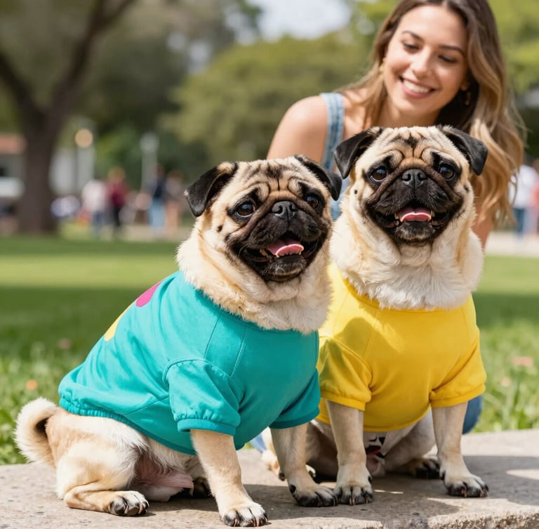 Vibrant lifestyle portrait of a happy pug wearing a colorful custom-fit teal shirt, sitting next to its smiling owner in a sunny park in Mexico, bright natural daylight.