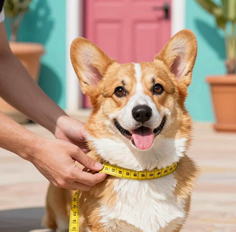 Close-up of hands gently measuring a happy corgi with a yellow tape measure, bright natural sunlight, colorful Mexican patio background, lifestyle pet photography