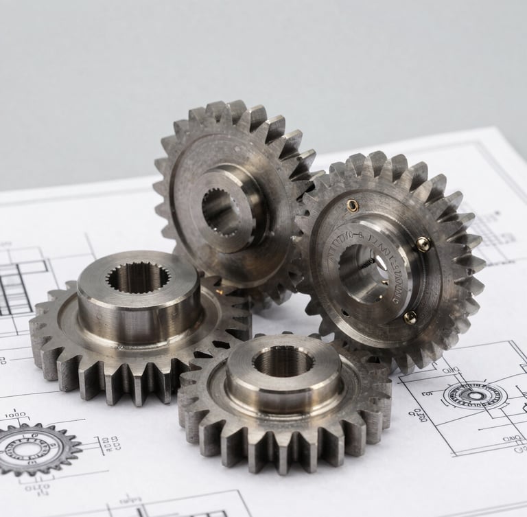 Crisp studio photography of heavy-duty metallic gears resting on a technical blueprint, bright natural light, sharp focus, metallic reflections.