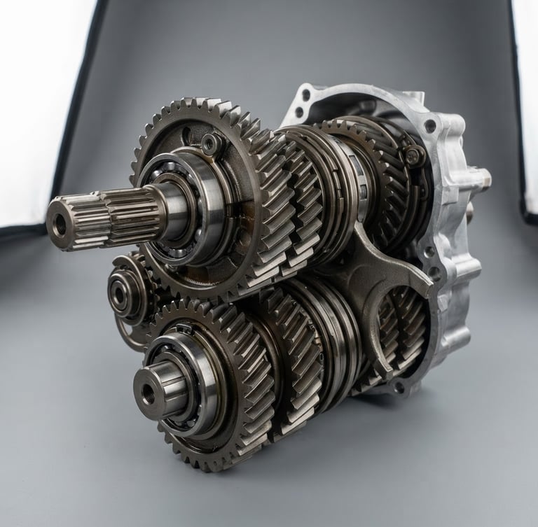 Crisp product photography of a metallic transmission gear set, clean studio lighting, high-contrast reflections, neutral gray background, sharp focus, 50mm lens