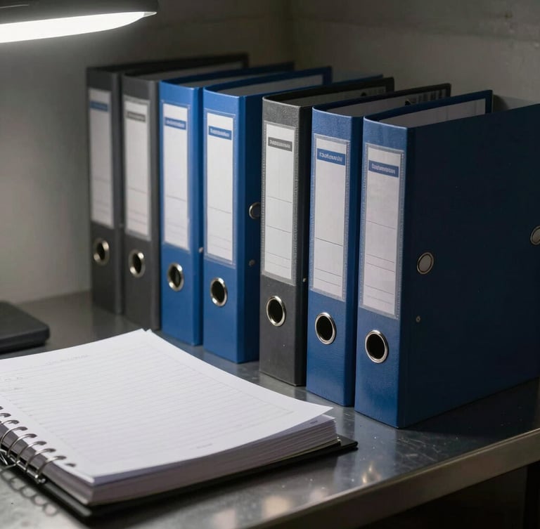 Close-up of organized compliance binders and physical logbooks on a metal desk under harsh overhead garage lighting, high contrast.