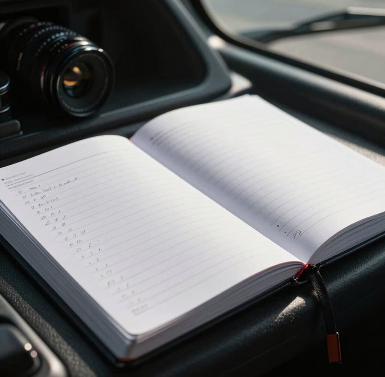 A tight macro shot of a physical paper logbook resting on a truck dashboard, harsh natural daylight streaming through the windshield, high contrast, sharp focus on the handwritten logs.