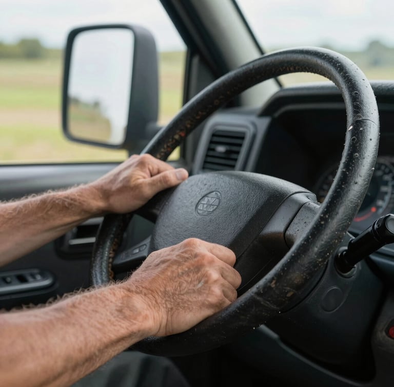 A close-up macro shot of a weathered truck driver's hands resting on a heavy steering wheel, natural daylight streaming through the side window.
