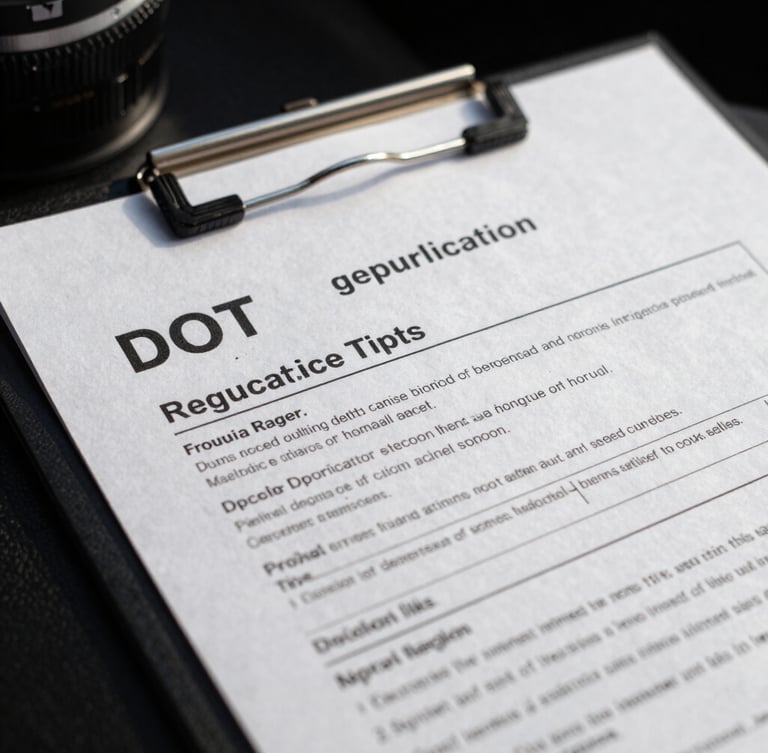 Tight macro shot of a driver qualification folder with official DOT regulatory paperwork, natural high-contrast daylight.