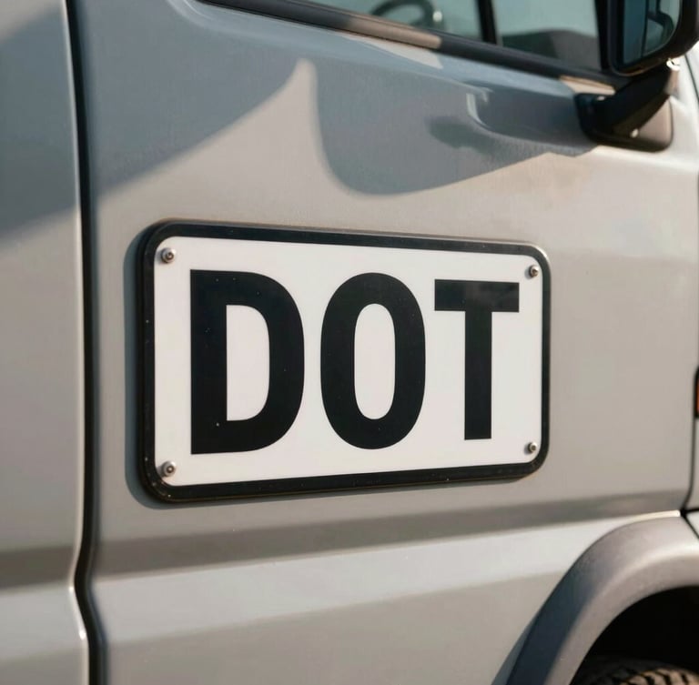 Close-up of an official DOT registration decal on a matte-finished truck cab door, morning light