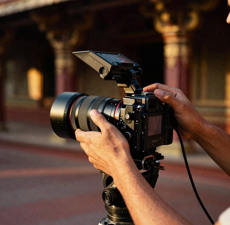 Behind-the-scenes hands adjusting a camera lens in a moody temple setting, warm golden-hour light, 35mm film grain