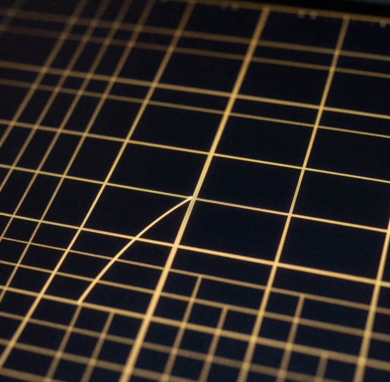 Macro close-up of a high-contrast digital terminal screen displaying clean, glowing gold vector lines and mathematical coordinate grids against a deep black background.