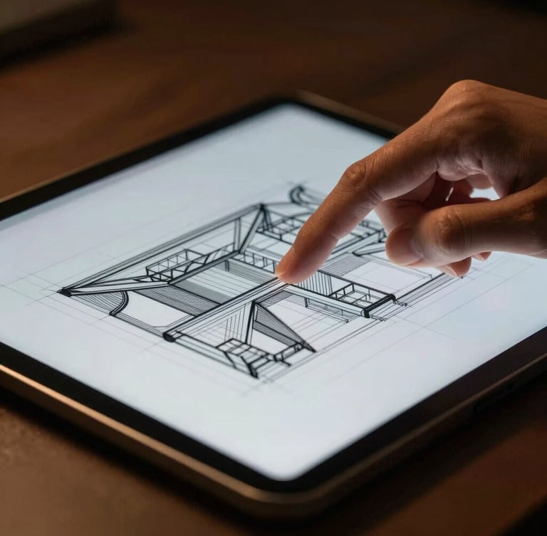 Macro shot of a designer hands interacting with a tablet displaying complex architectural wireframes, warm ambient studio lighting, high-contrast shadows.