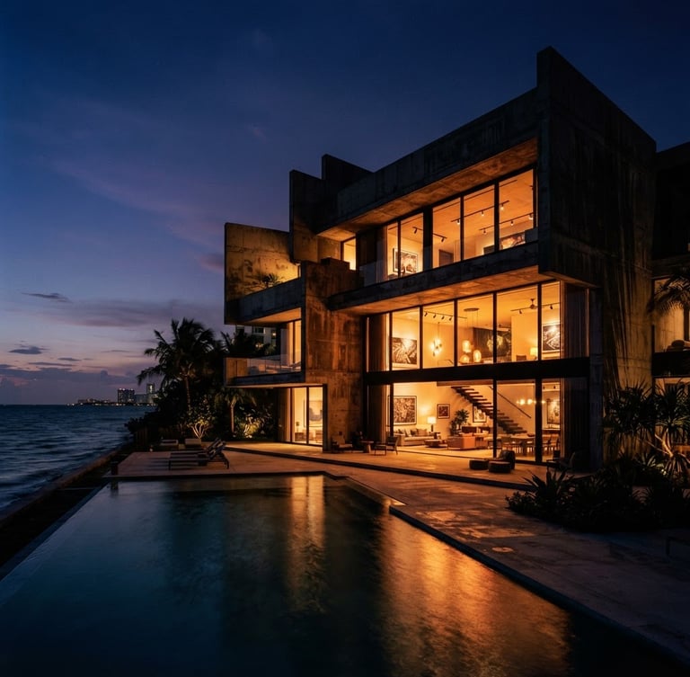 Sleek architectural rendering of a brutalist luxury villa in Miami at dusk, dramatic warm interior glow, deep obsidian shadows, photorealistic 35mm wide-angle perspective.