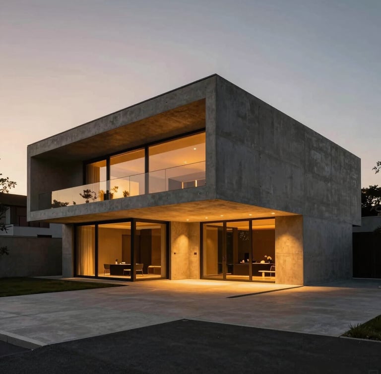 Wide-angle architectural perspective of a modern concrete villa at golden hour, dramatic high-contrast lighting, warm amber interior glow, photorealistic 35mm
