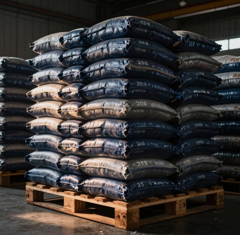 Stacked pallets of 25kg salt bags in a clean, high-ceiling warehouse, industrial editorial photography, dramatic side-lighting, deep slate tones.