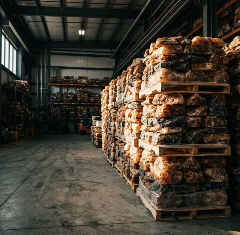 Wide shot of stacked pallets of large, rugged mineral salt licks in a clean, industrial warehouse, dramatic side-lighting emphasizing texture, deep slate and warm amber tones, 35mm lens.