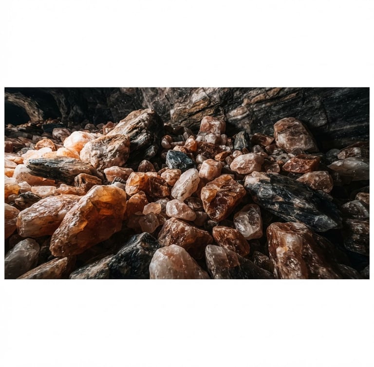 Wide panoramic shot of raw Himalayan salt crystals, dramatic side-lighting emphasizing crystalline geometry, deep slate and warm amber tones, 35mm lens, expansive mineral textures.