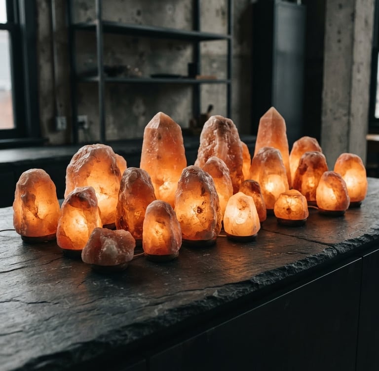 Wide shot of a cluster of glowing Himalayan salt lamps on a dark slate surface, dramatic side-lighting emphasizing crystalline texture, warm internal illumination, minimalist interior, industrial editorial photography.