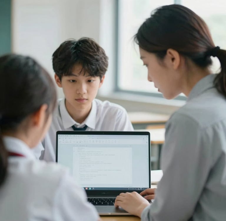 Over-the-shoulder shot of a high school teacher and student looking at a laptop screen together, soft natural light, cool tones, shallow depth of field