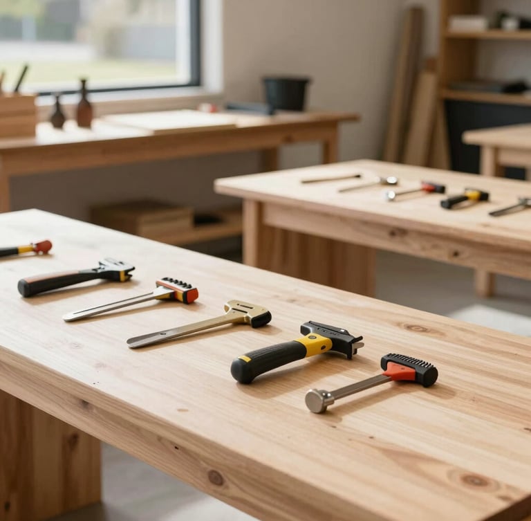Bright natural daylight shot of a modern Australian local workshop, timber benches, clean tools arranged neatly, soft shadows, 35mm editorial photography.