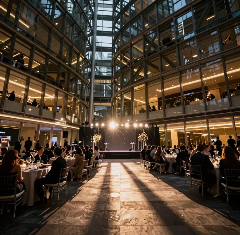 Wide cinematic low-angle tracking shot of a sophisticated corporate gala, dramatic high-contrast stage lighting casting long shadows, sharp focus on structural glass architecture of the venue, ambient golden glow.