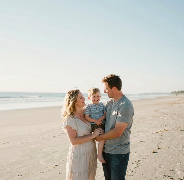 A candid lifestyle portrait of Hallie, her fiancé, and their young son laughing together on a sun-drenched Maine beach, soft pastel tones, shallow depth of field, 35mm lens, low horizon, expansive sky.