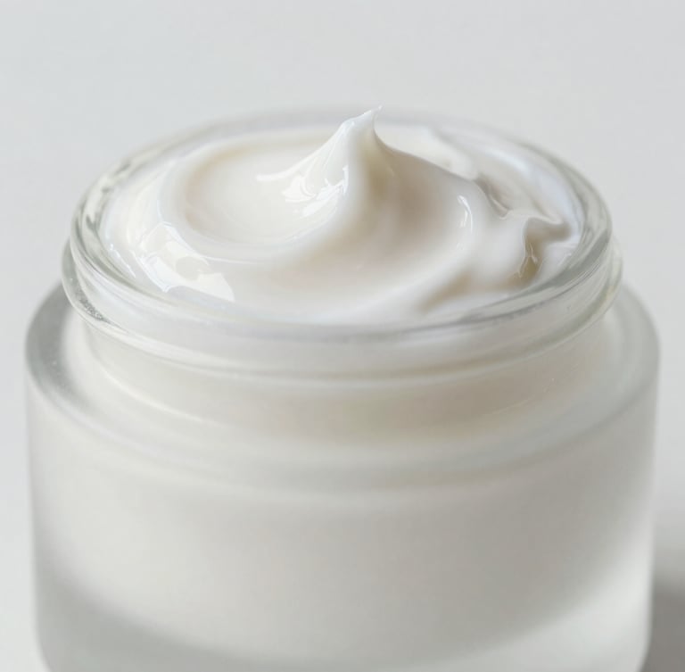 Macro product photography of a premium frosted glass jar reflecting soft morning light, showing a rich, milky white cream texture being swatched, clean minimalist composition, soft depth of field.
