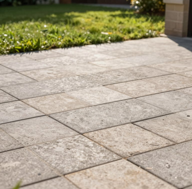 Bright, sun-drenched outdoor shot of a newly paved residential terrace, clean stone joints, lush green grass in the background, natural morning light.