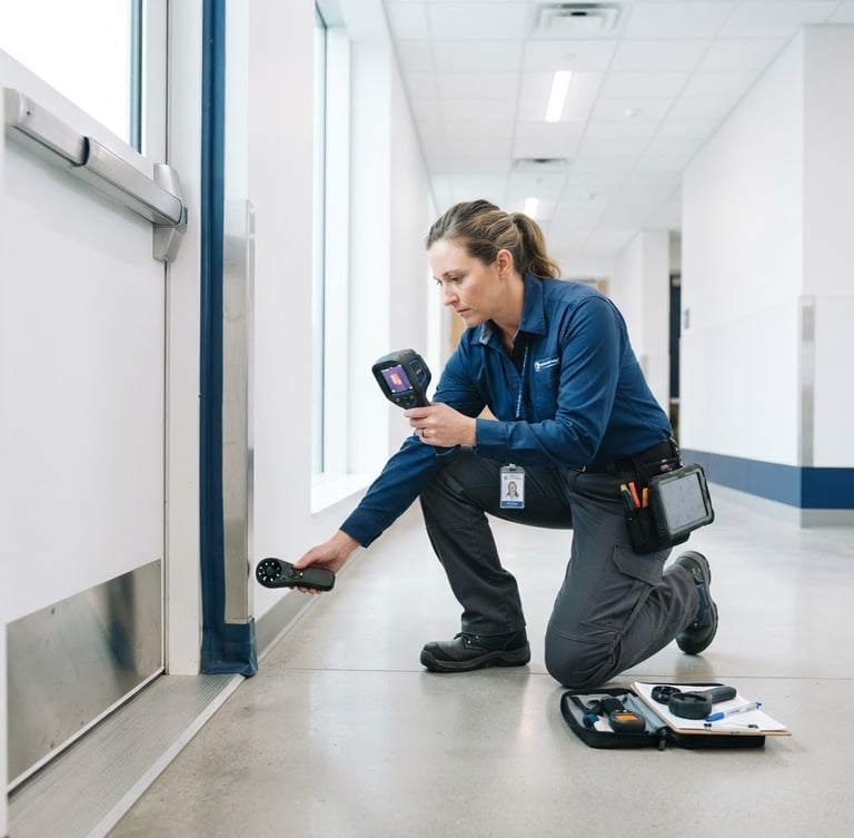 Bright high-key commercial photography of a uniformed facility technician inspecting sealed entry points with modern equipment, crisp natural daylight, clean white and deep blue tones, sharp focus, 35mm