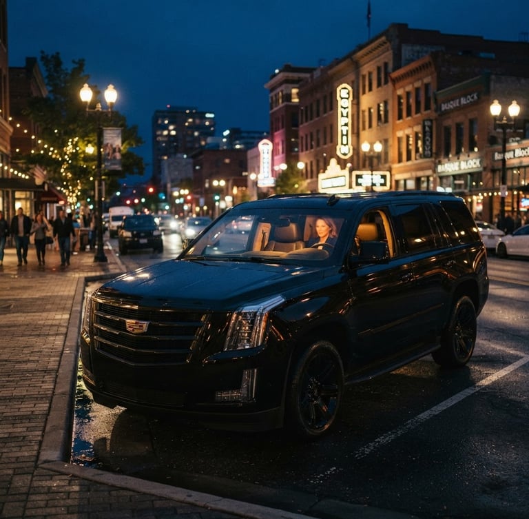 Cinematic editorial photo of a clean, late-model black premium SUV parked in downtown Boise at twilight, warm interior vehicle glow, soft streetlights, 35mm