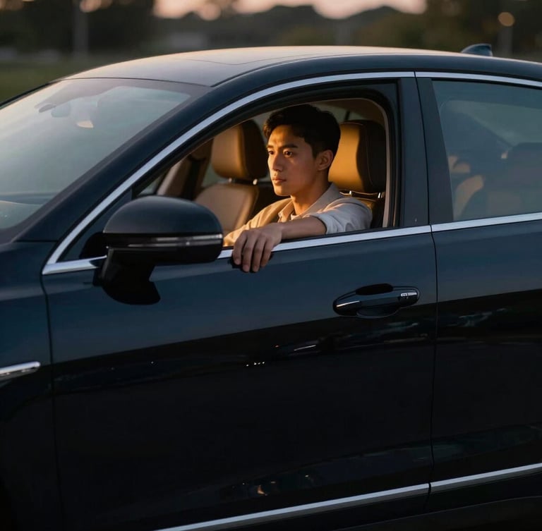 A professional local driver in smart-casual attire holding open the door of a clean, modern black sedan under warm evening ambient lights, soft focus, cinematic 35mm.