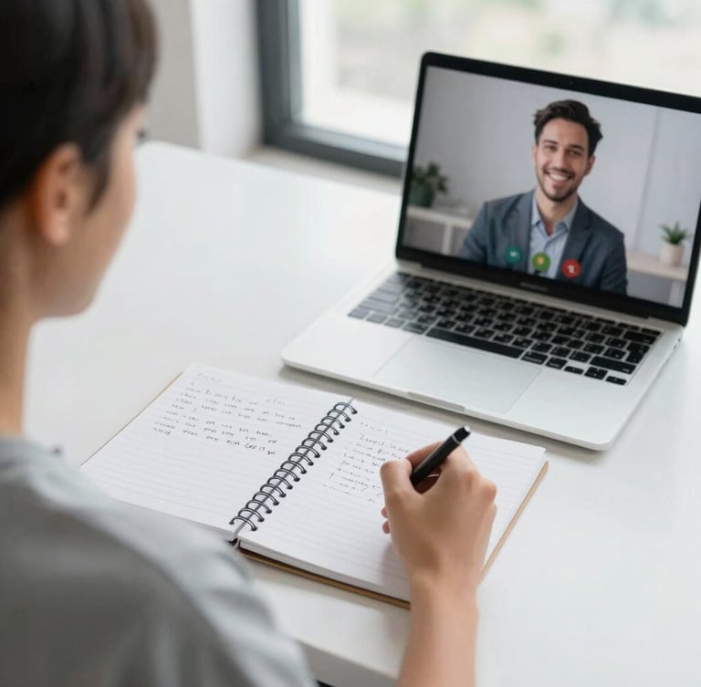 Over-the-shoulder view of an adult student's workspace, a clean notebook with handwritten Spanish notes, a laptop displaying a live video lesson with a smiling teacher, bright natural daylight.
