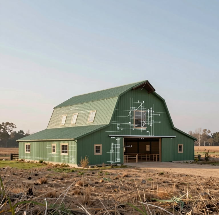 Architectural rendering of a modern sustainable barn, technical blueprint lines overlaid, crisp morning light, earthy green accents.