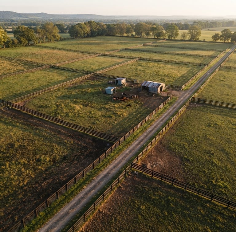 Overhead drone shot of raw land layout with geometric pasture fence lines, golden hour morning light, crisp architectural-agricultural perspective.