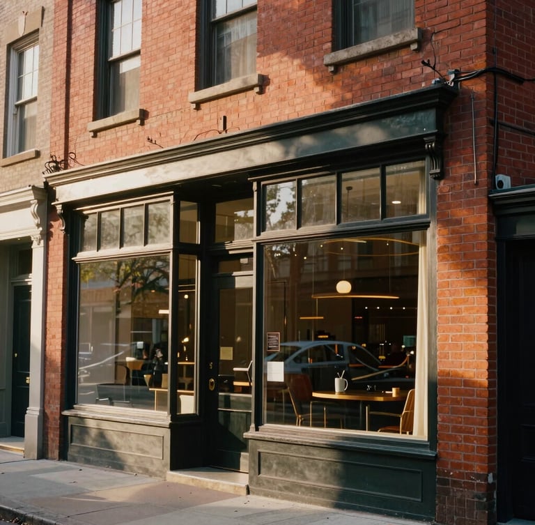 Warm brick exterior of the Monroe Street storefront in Washington DC, soft natural afternoon light filtering through large glass windows, historic architecture.