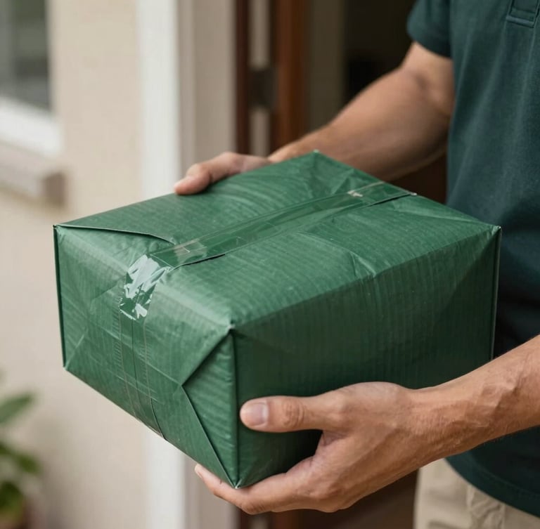 Close-up macro shot of a professional courier's hands holding a discreet, unmarked forest green package at a residential doorstep, soft natural shadows.