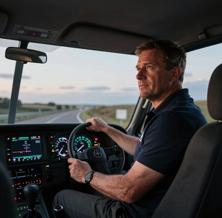 Authentic portrait of a professional UK coach driver in the cabin at twilight, dashboard illuminated, focused on the road ahead.