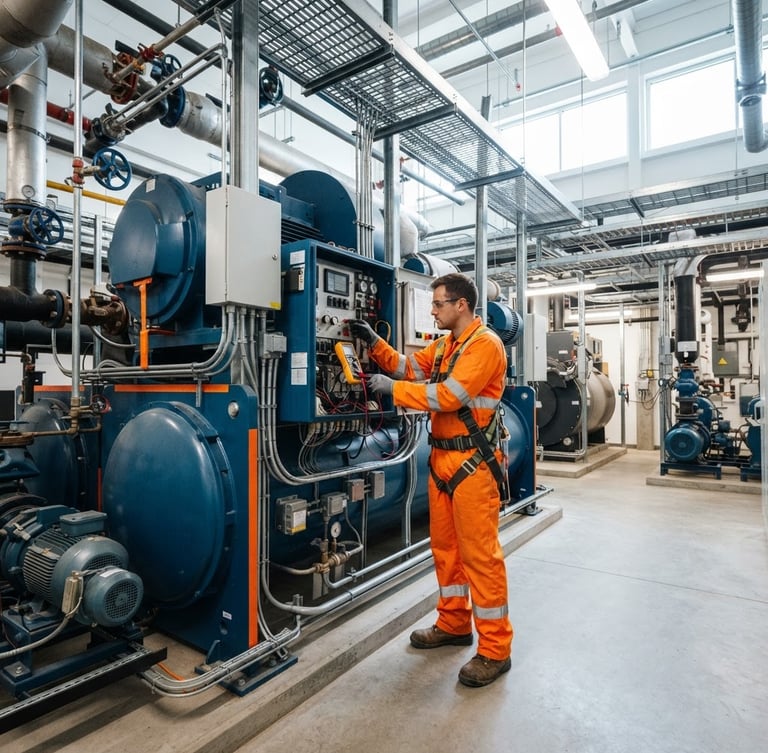Wide-angle industrial commercial photography of a technician in high-visibility orange gear calibrating a massive commercial water chiller inside a brightly lit mechanical room.