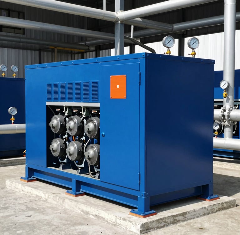 A commercial HVAC chiller unit on a concrete pad, industrial scale piping with pressure gauges, bright daylight, high contrast.