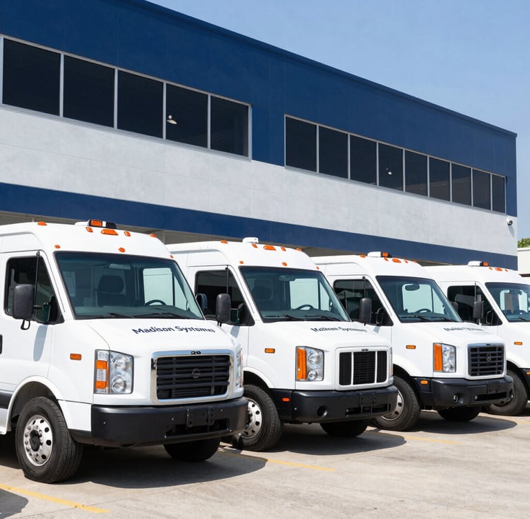 Crisp daytime commercial photography of a fleet of clean white Madison Systems Group service trucks lined up outside the Athens headquarters, bright daylight.