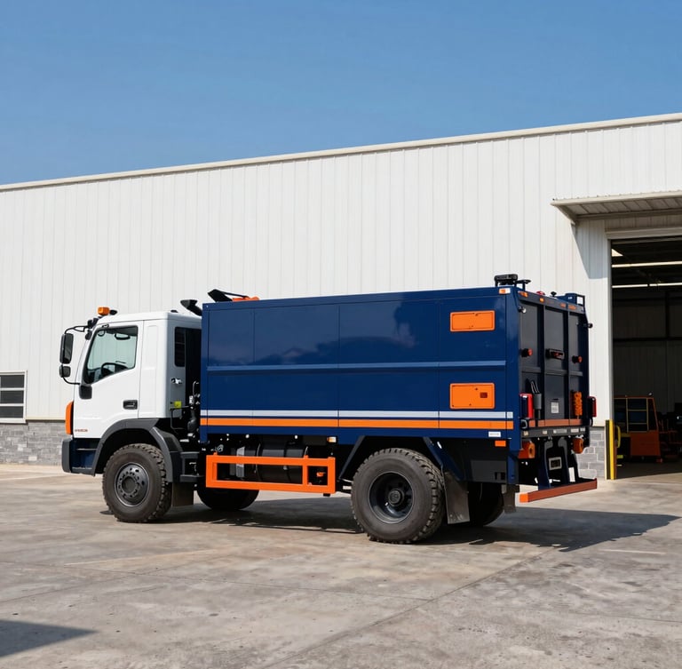 Wide-angle portrait shot of a branded heavy-duty utility truck parked outside a large commercial facility under bright daylight, crisp details of tools and equipment, deep blue sky.