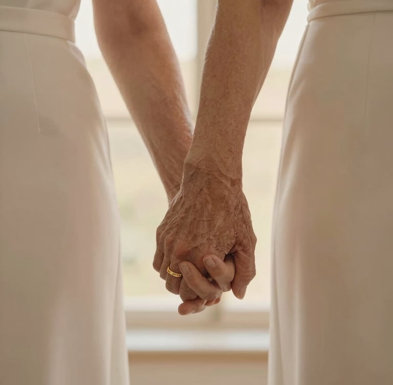 A warm editorial portrait of an elegant elderly couple holding hands, soft natural light reflecting off gold wedding bands, shallow depth of field.