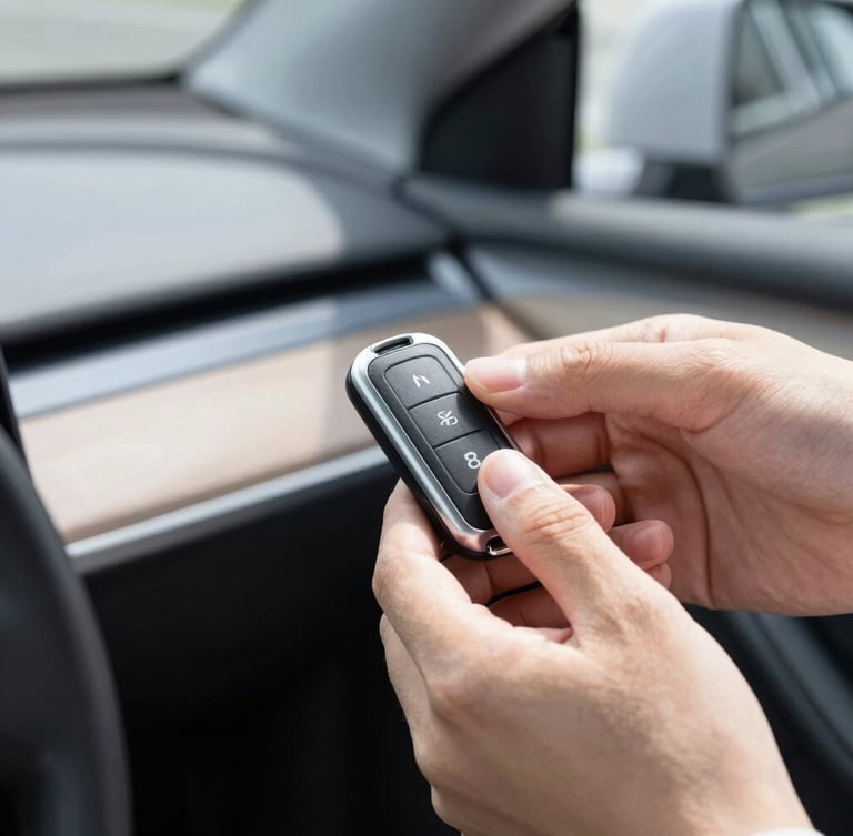 Close-up of professional hands programming a modern high-tech car key fob inside a vehicle, sharp editorial photography, bright daylight, high-contrast cool tones.